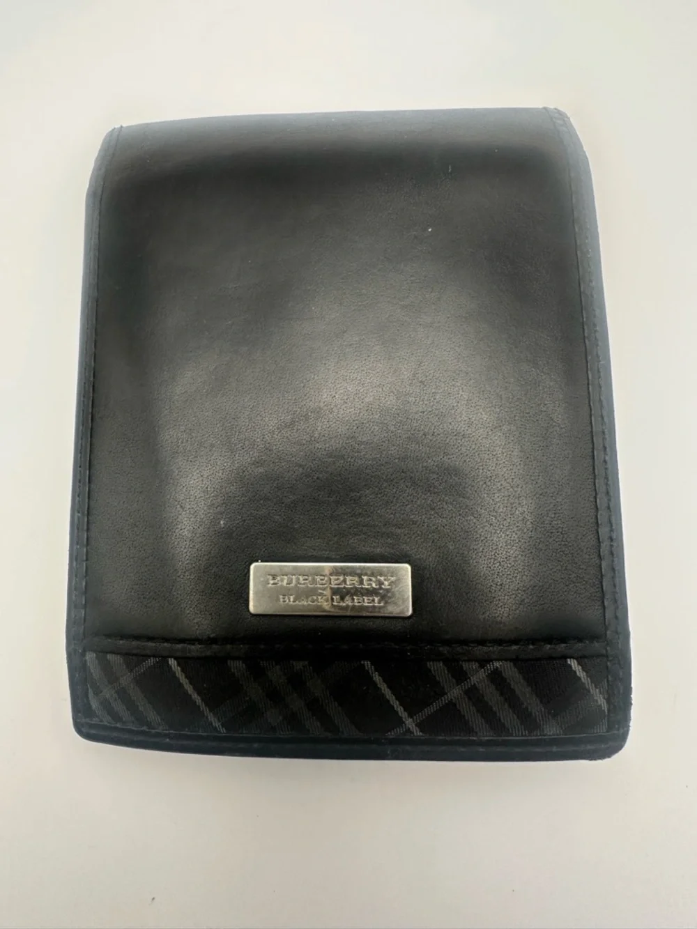 Burberry Black Leather Wallet Bifold Plaid Check Folding Card Coin Black Label